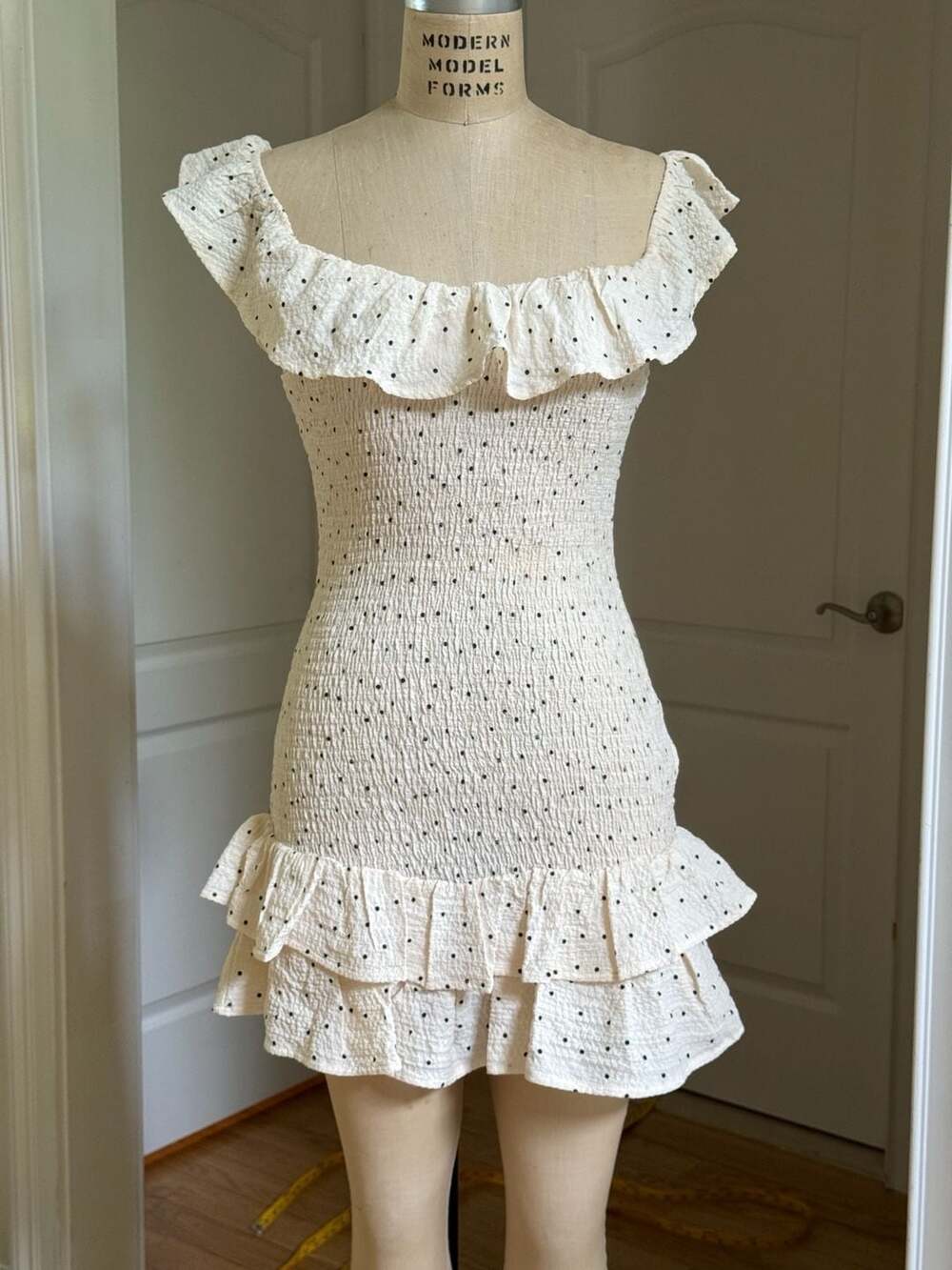 Hippie Love Cream and Black Polka Dot Smocked Off Shoulder Ruffle Mini Dress